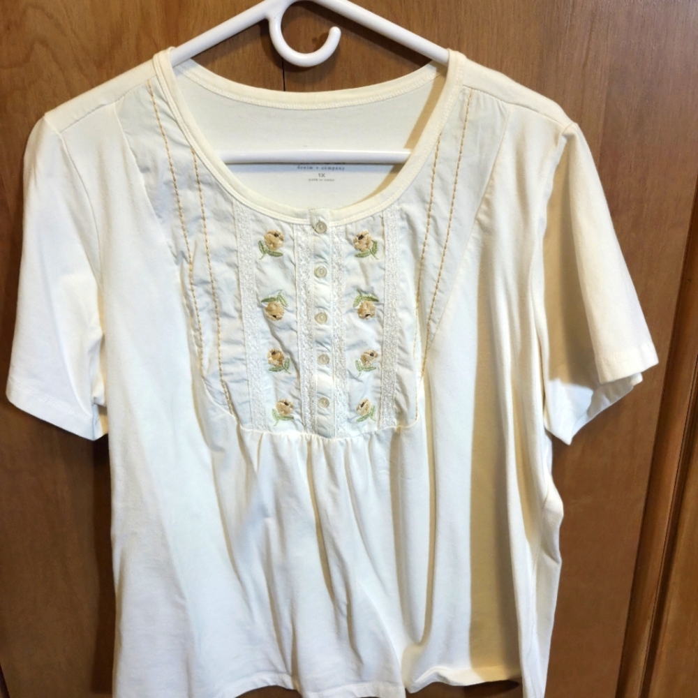 Cream Embroidered Denim & Co Women's Top